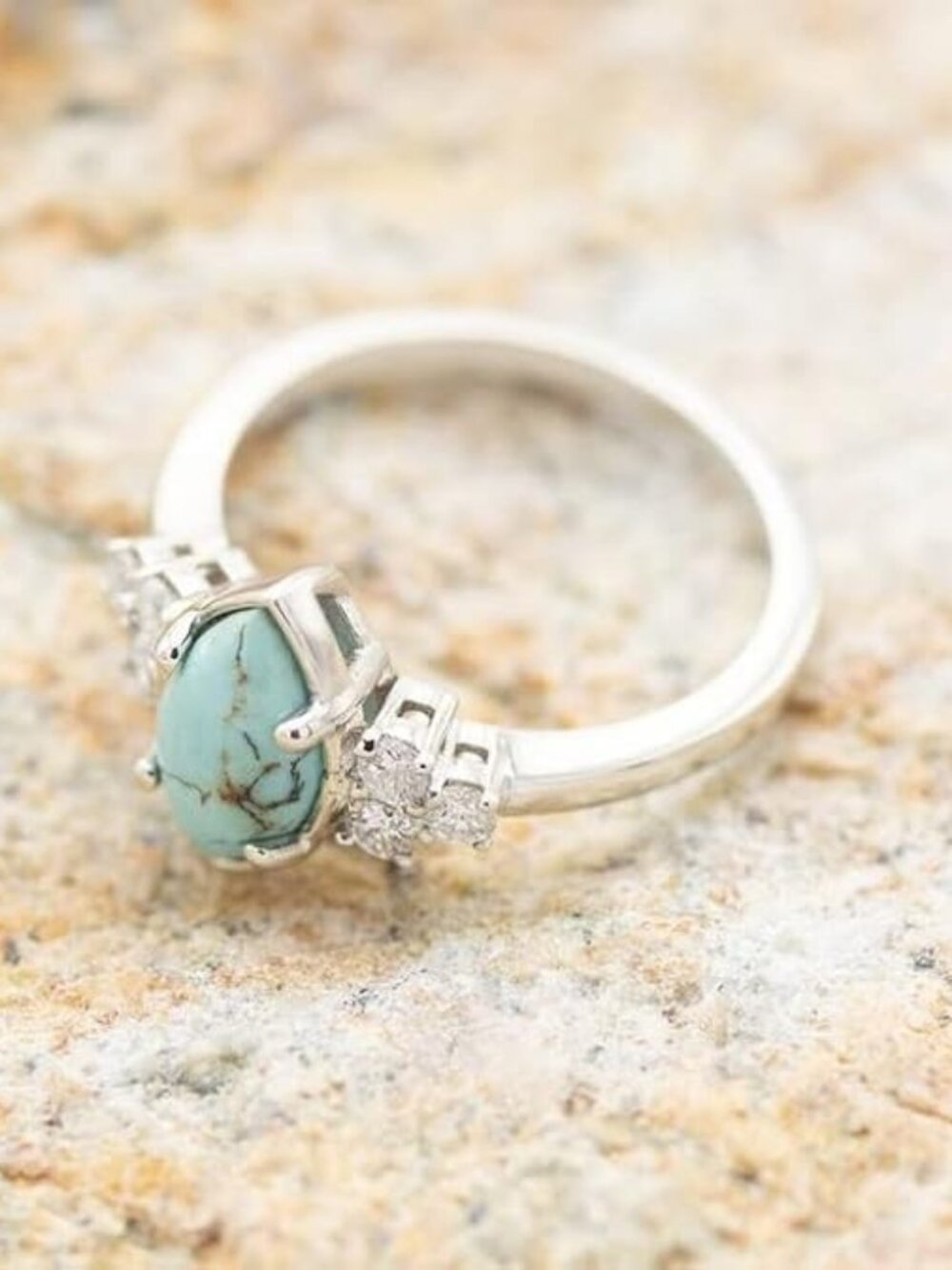 3 PCS Natural Turquoise Diamond Ring Set - Western Jewelry Silver Color Rings fo